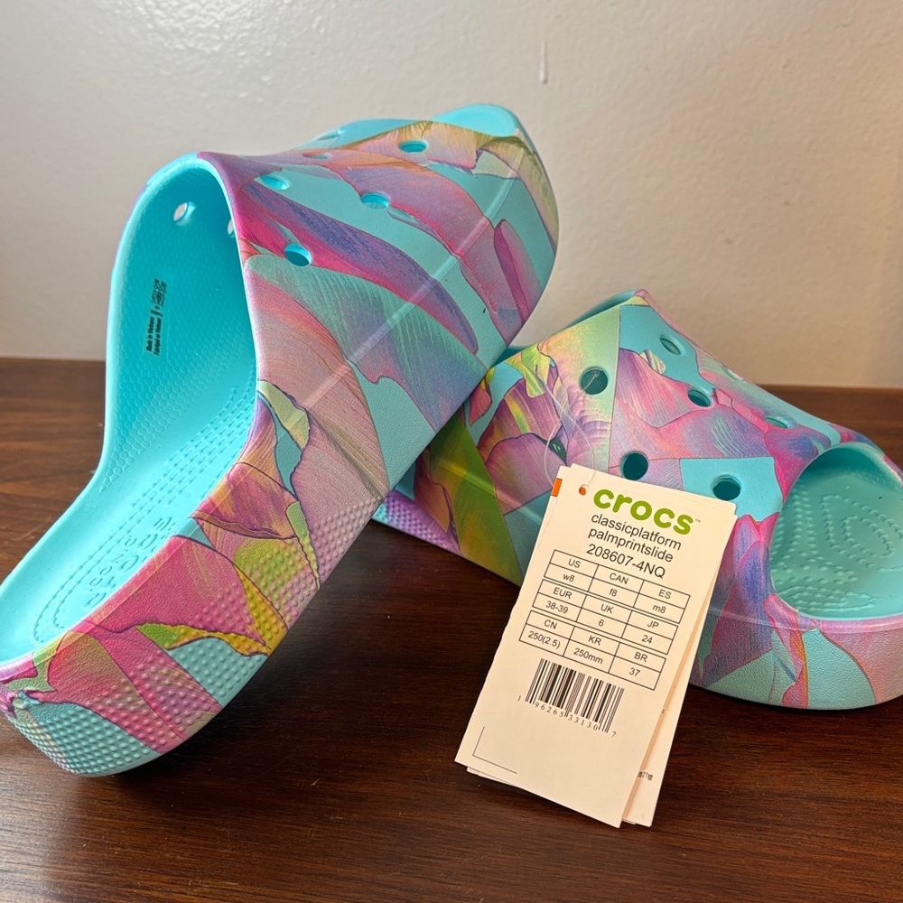 CROCS Womens Sandals / Slides- Blue and Pink Swirl